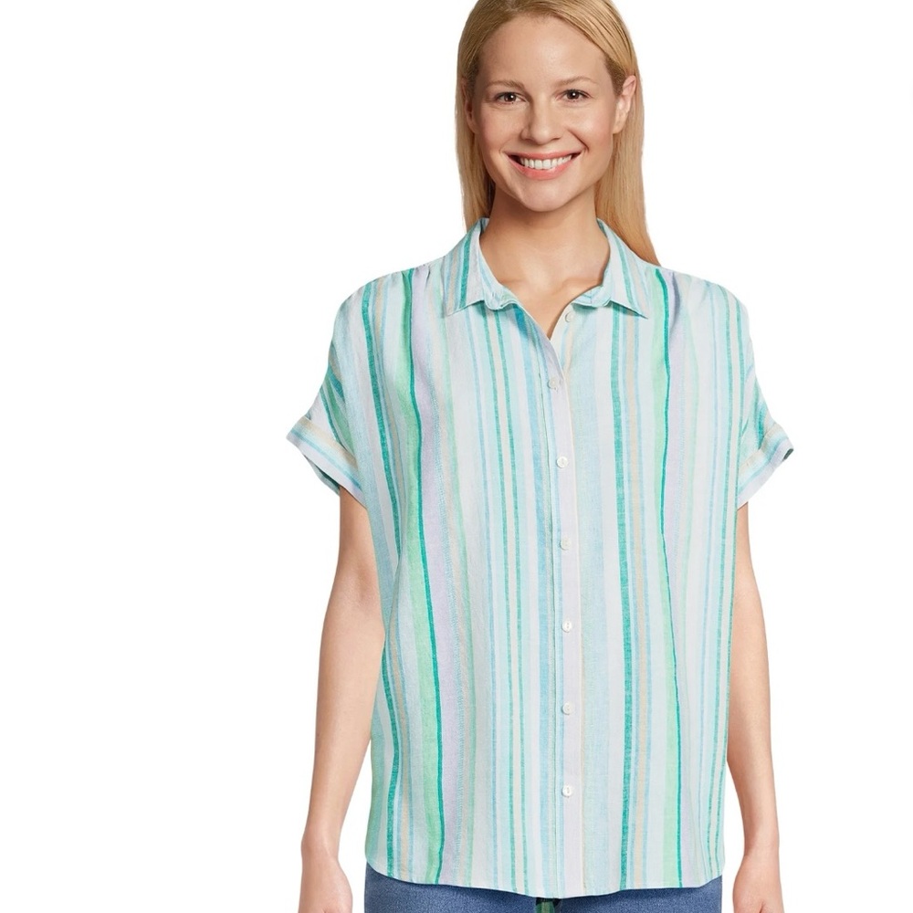 Time & Tru Women’s Blue Mariana Stripes Rolled Cuff Linen Blend Button Down